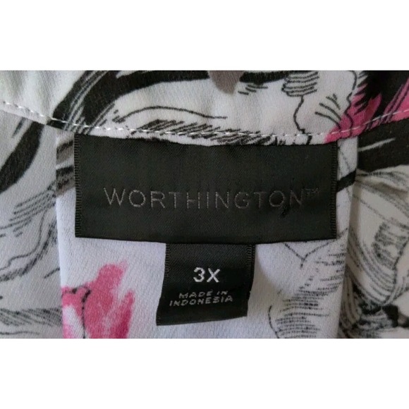 Worthington Women Floral Tunic Top Sheer V-Neck Short Sleeve Size 3X Black/White - Picture 3 of 4
